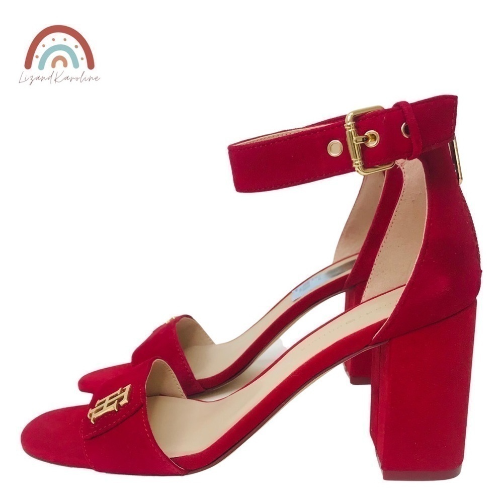 New! Tommy Hilfiger Red Leather Velvet Suede Chunky Bock Heel Party Sandals